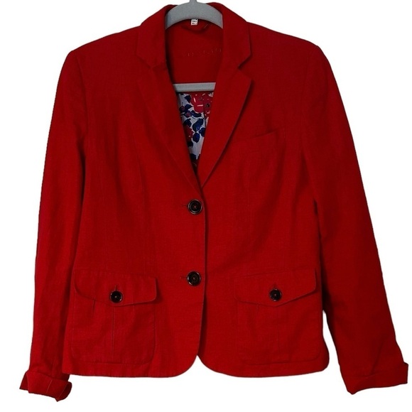 Adagio Blazer Linen Blend Pockets Vibrant Red Long Sleeve Floral Lined Size 8/10 - Picture 1 of 13